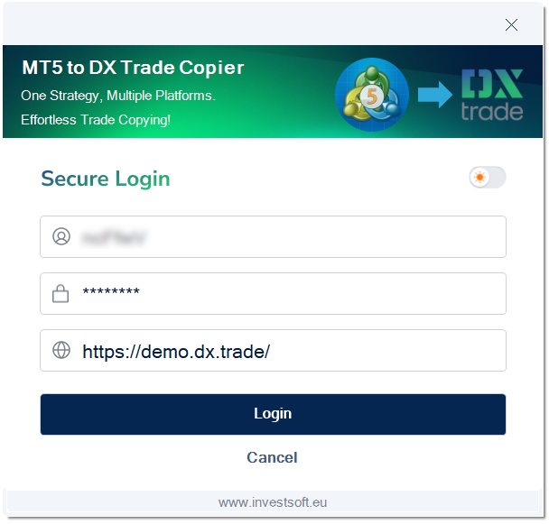 MT5 to DxTrade copier - login window