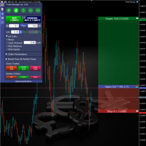 Forex Trade Manager MT5 & MT4 trading panel with features like trade by lines, position size calculator, automatic break even, trailing stop, partial profit closing, and hotkeys.